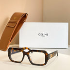 Tortoiseshell rectangular glasses with clear lenses and gold logo detail on temple