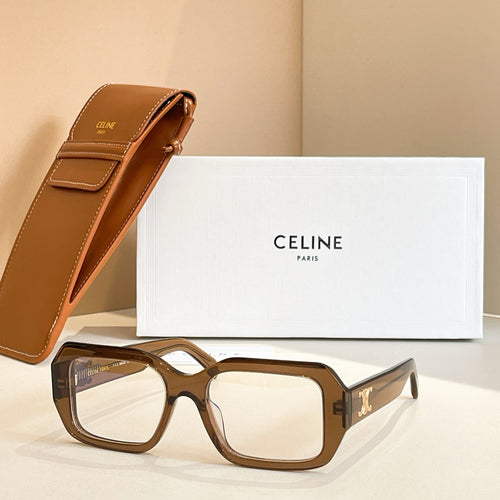 Brown rectangular glasses with clear lenses and gold-toned logo on temple