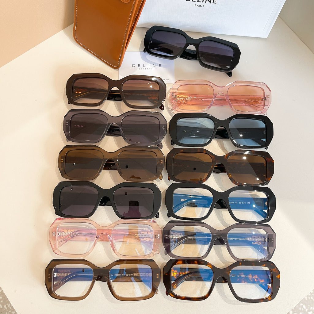 Assorted glasses frames set: black, brown, tortoiseshell, pink, and blue-tinted lenses