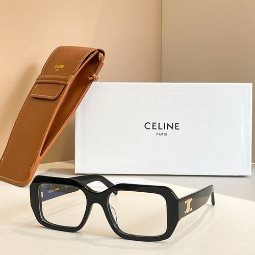 Black rectangular glasses with clear lenses and gold logo detail on temple