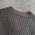 Dark gray cable-knit cardigan neckline with ribbed collar and vertical cable rows