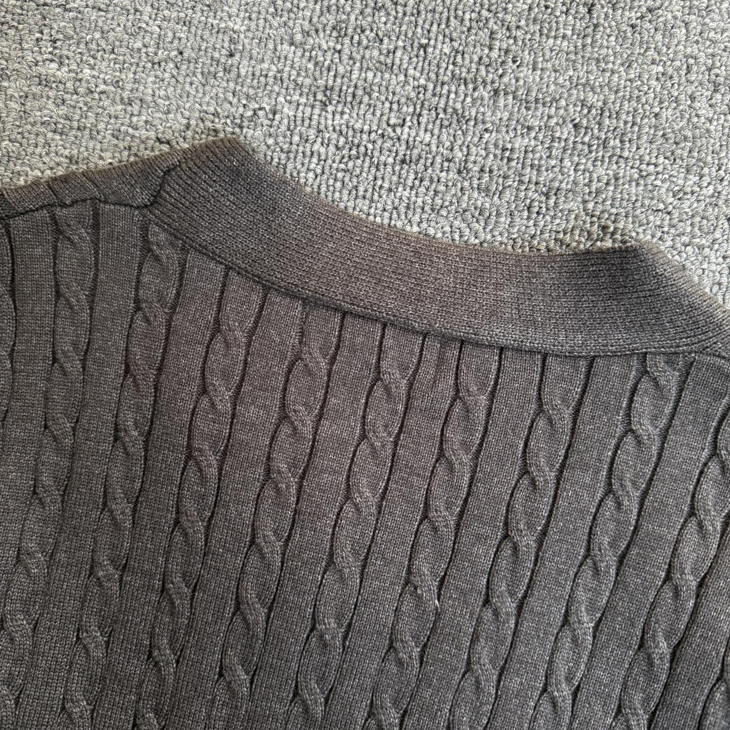 Dark gray cable-knit cardigan neckline with ribbed collar and vertical cable rows
