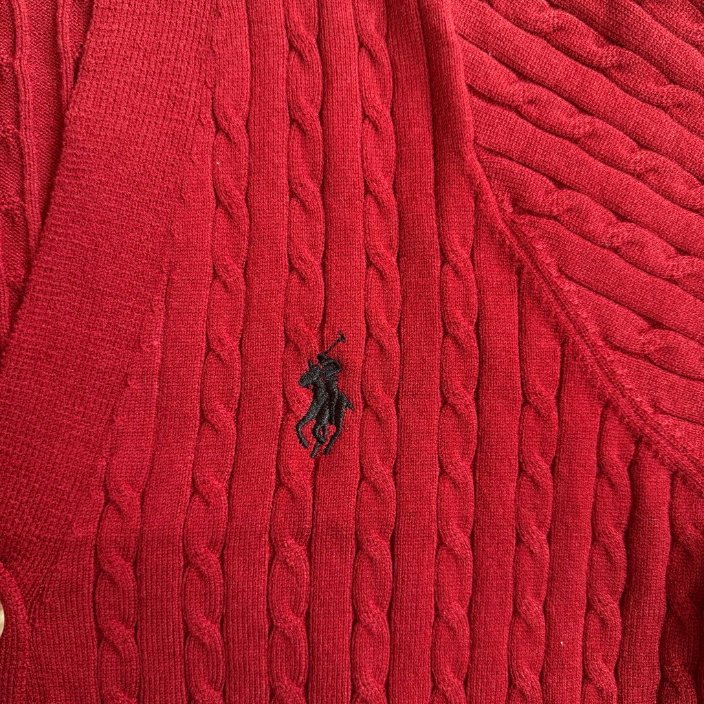 Red cable-knit cardigan with small Polo horse logo at chest