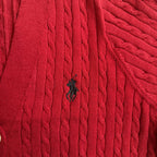 Red cable-knit cardigan with small Polo horse logo at chest