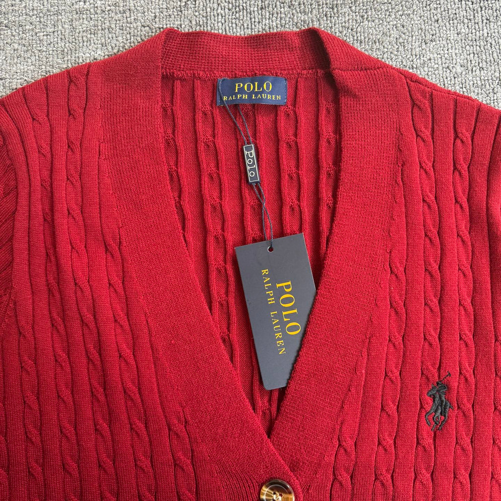 Red cable-knit V-neck cardigan with Polo Ralph Lauren tag and button placket