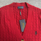 Red cable-knit V-neck cardigan with Polo Ralph Lauren tag and button placket