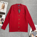 Red cable-knit cardigan with V-neck and button front