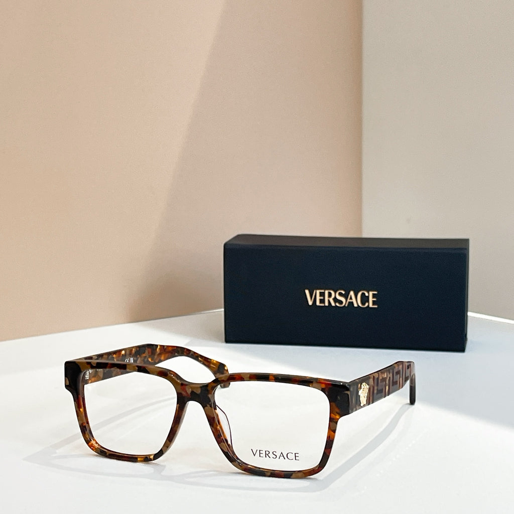 Versace eyeglasses, tortoise brown square frames, logo temple detail
