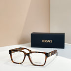 Versace eyeglasses, tortoise brown square frames, logo temple detail