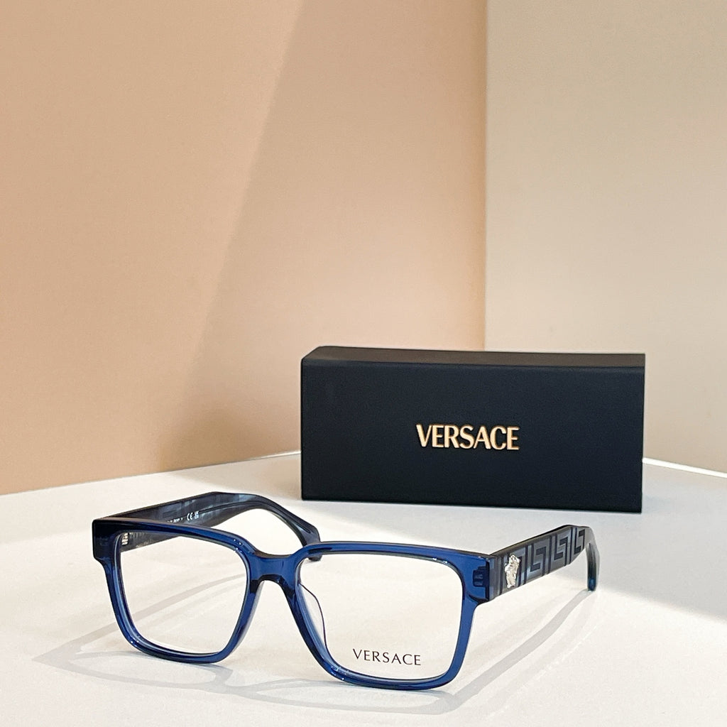 Versace eyeglasses, blue square frames, logo temple detail