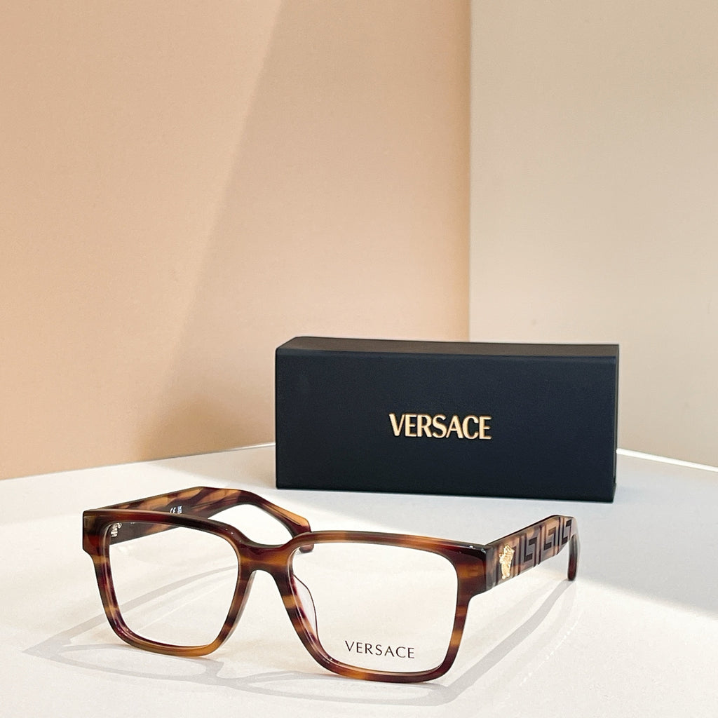 Versace eyeglasses, dark brown tortoise square frames, logo temple detail