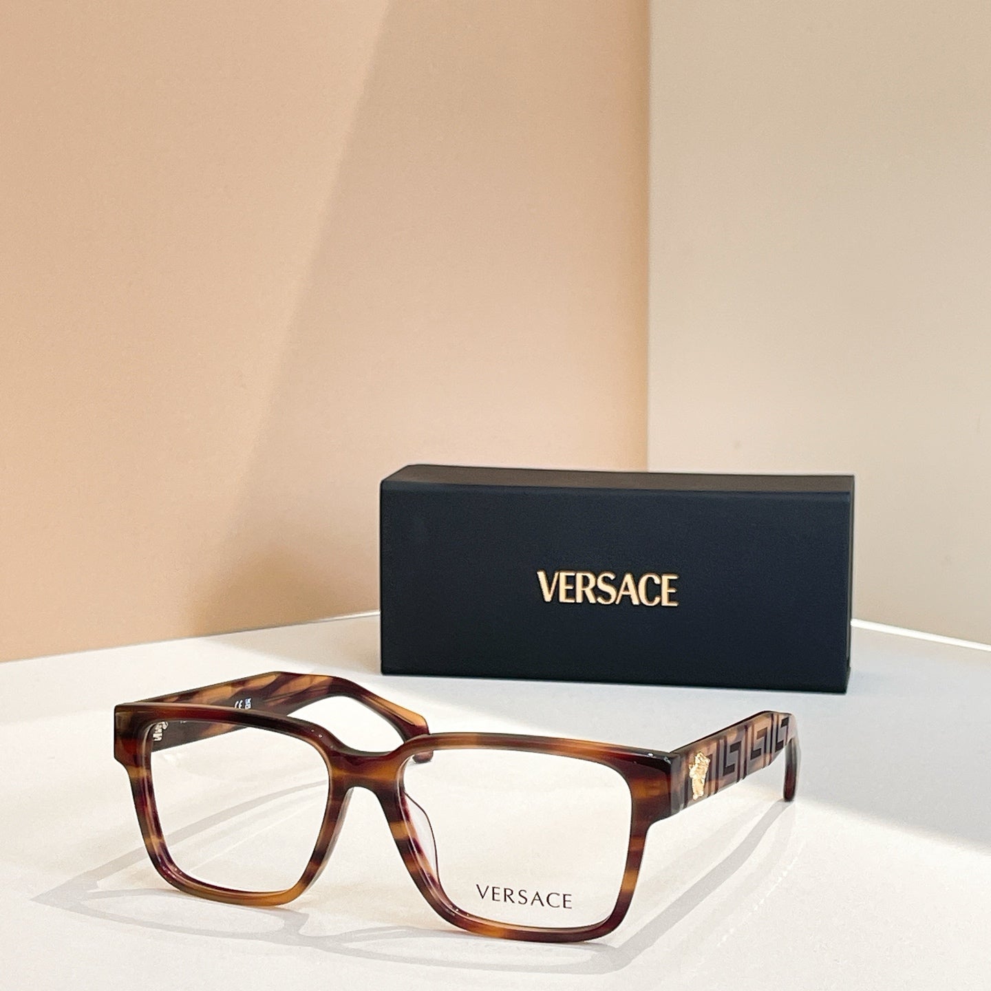 Versace eyeglasses, dark brown tortoise square frames, logo temple detail