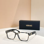 Versace eyeglasses, black marbled square frames, logo temple detail