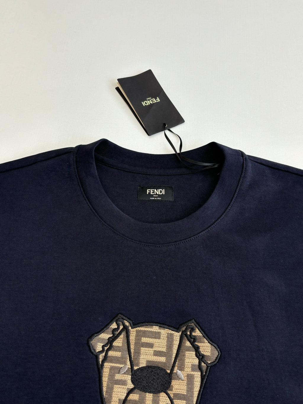 Fendi short-sleeve T-shirt in dark navy with FENDI teddy graphic on chest
