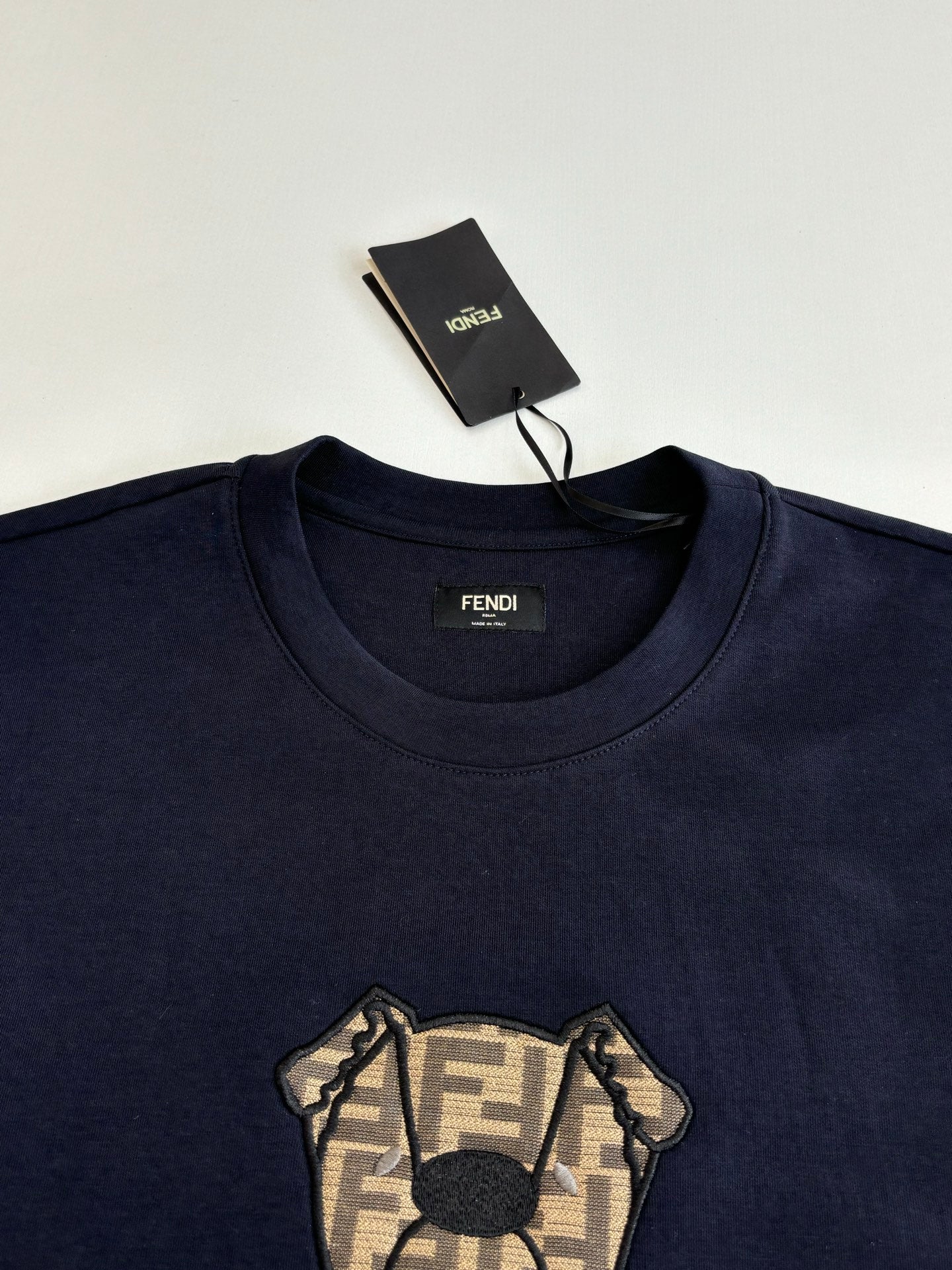 Fendi short-sleeve T-shirt in dark navy with FENDI teddy graphic on chest