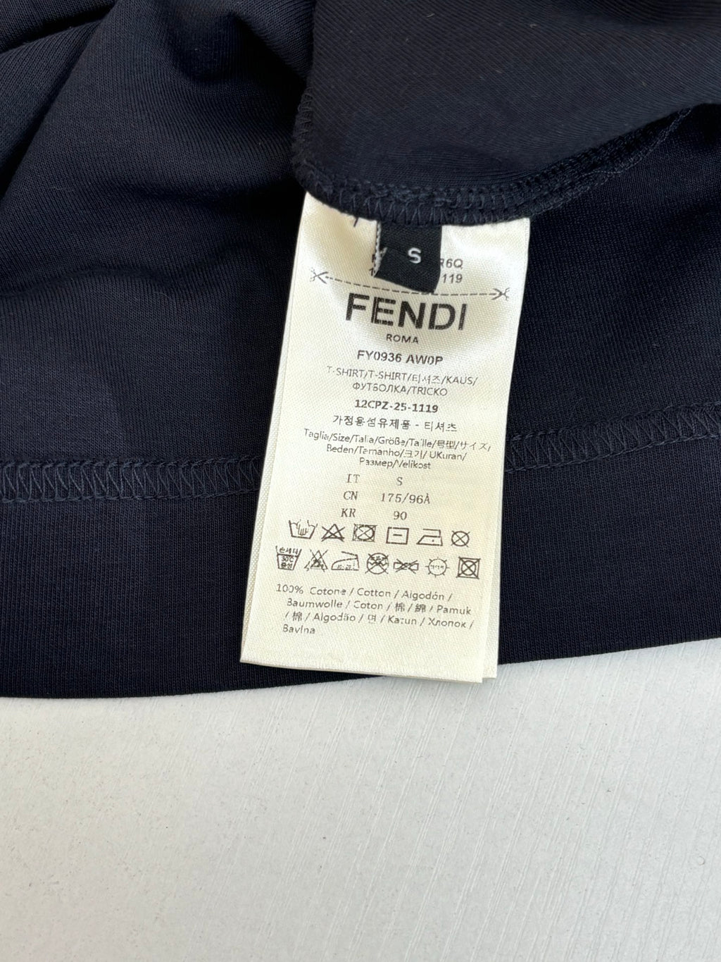 Fendi short-sleeve T-shirt dark navy with white size care label at collar
