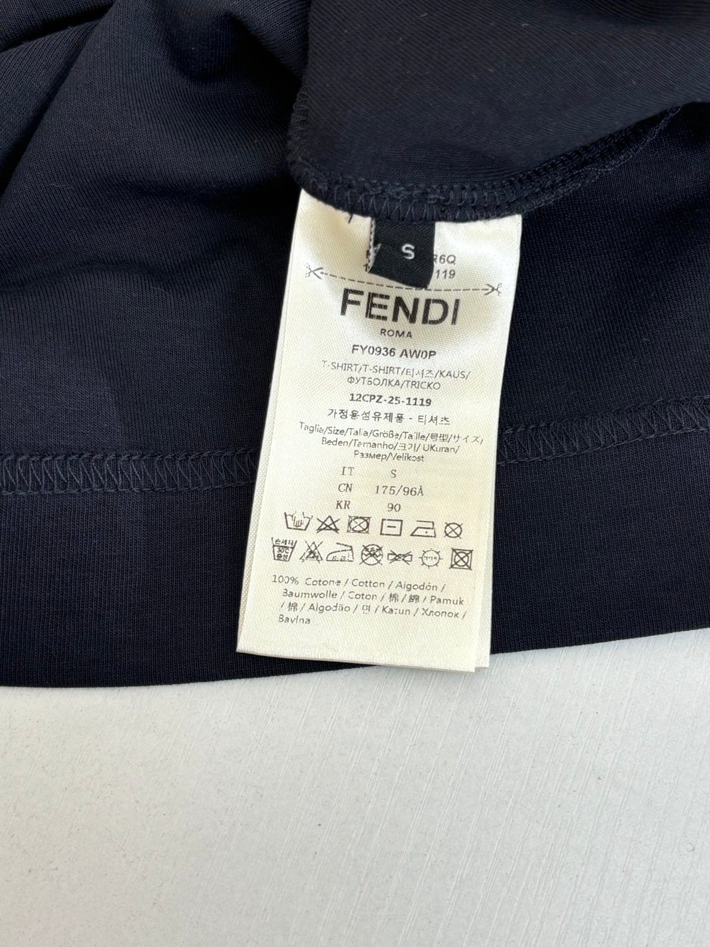 Fendi short-sleeve T-shirt dark navy with white size care label at collar