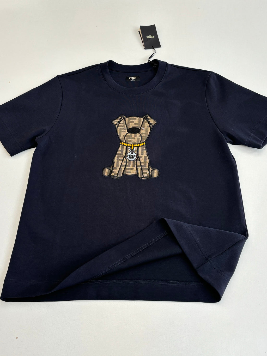 Fendi short-sleeve T-shirt in dark navy with teddy graphic, folded flat