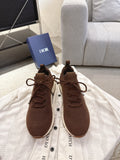 Dior unisex brown knit sneakers with lace-up front and white rubber sole