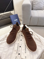 Dior unisex brown knit sneakers, lace-up style, with white midsoles and heel tabs
