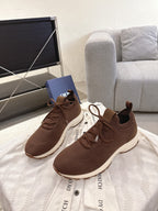 Dior unisex brown knit sneakers with lace-up closure and white outsole, side view