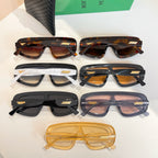 Bottega Veneta sunglasses set shown in top view with varied frames, plus black case