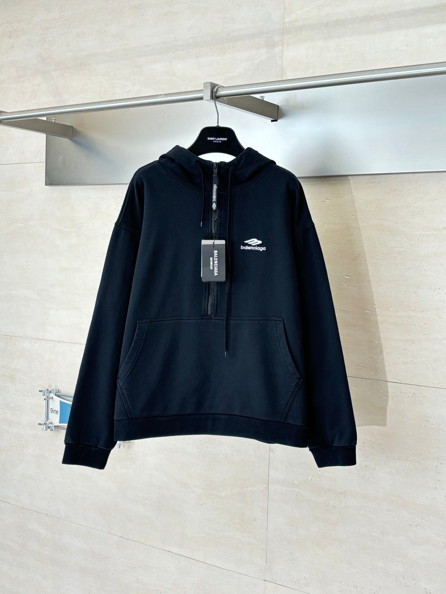 Balenciaga black zip-up hoodie with hood and small chest logo patch