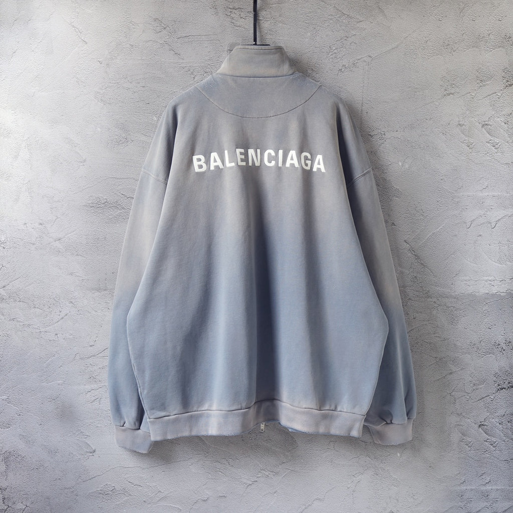 Zip-up sweatshirt in light gray with BALENCIAGA logo on the back