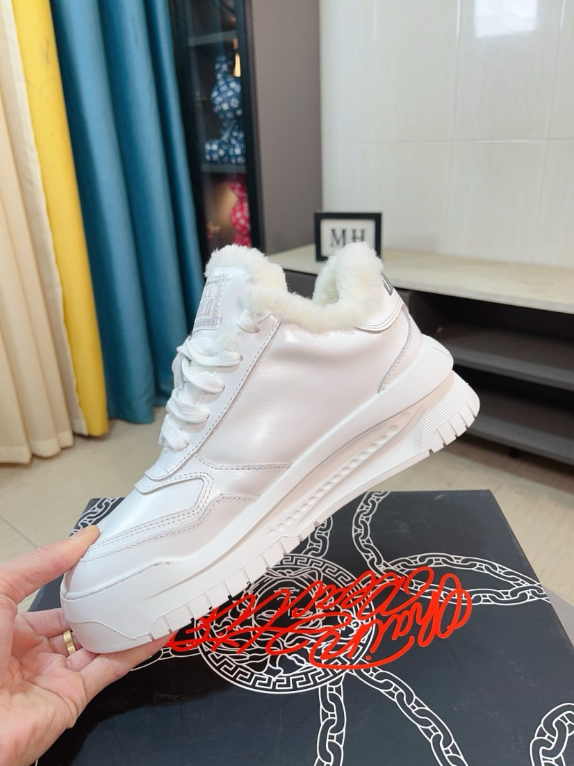 Versace white sneakers with faux-fur collar and lace-up vamp, side angle