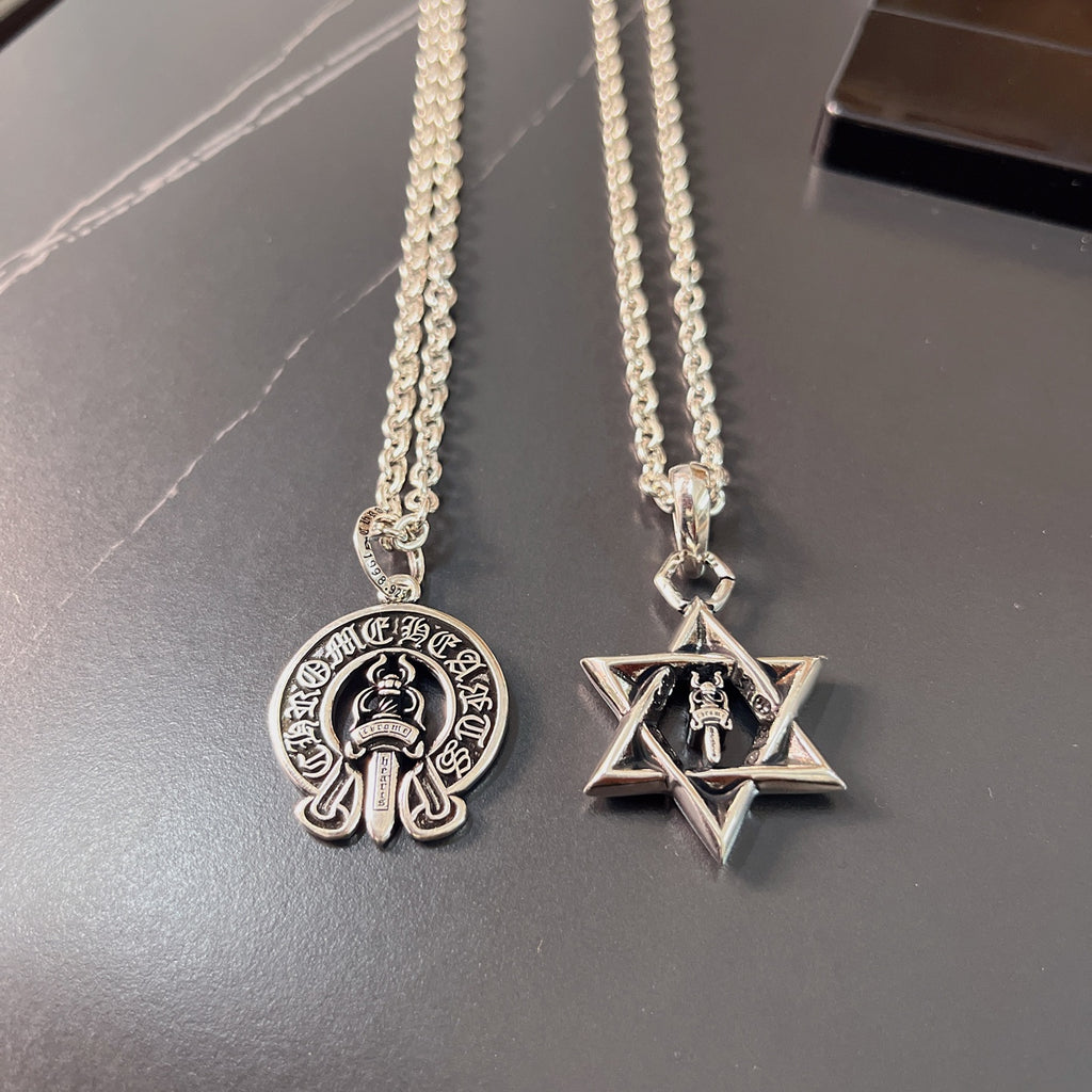 Silver pendant necklaces with round emblem and star pendant charms