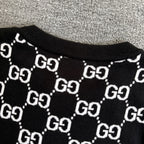 Black knit sweater neckline with repeating white GG logo lattice pattern