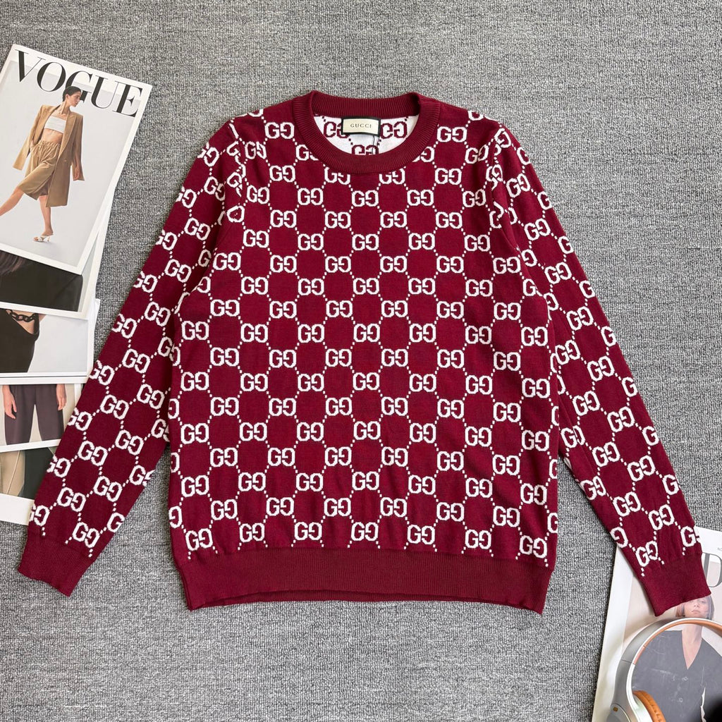 Burgundy Gucci long-sleeve sweater with allover GG diamond pattern and ribbed crew neck