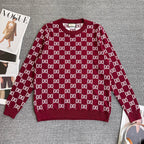 Burgundy Gucci long-sleeve sweater with allover GG diamond pattern and ribbed crew neck