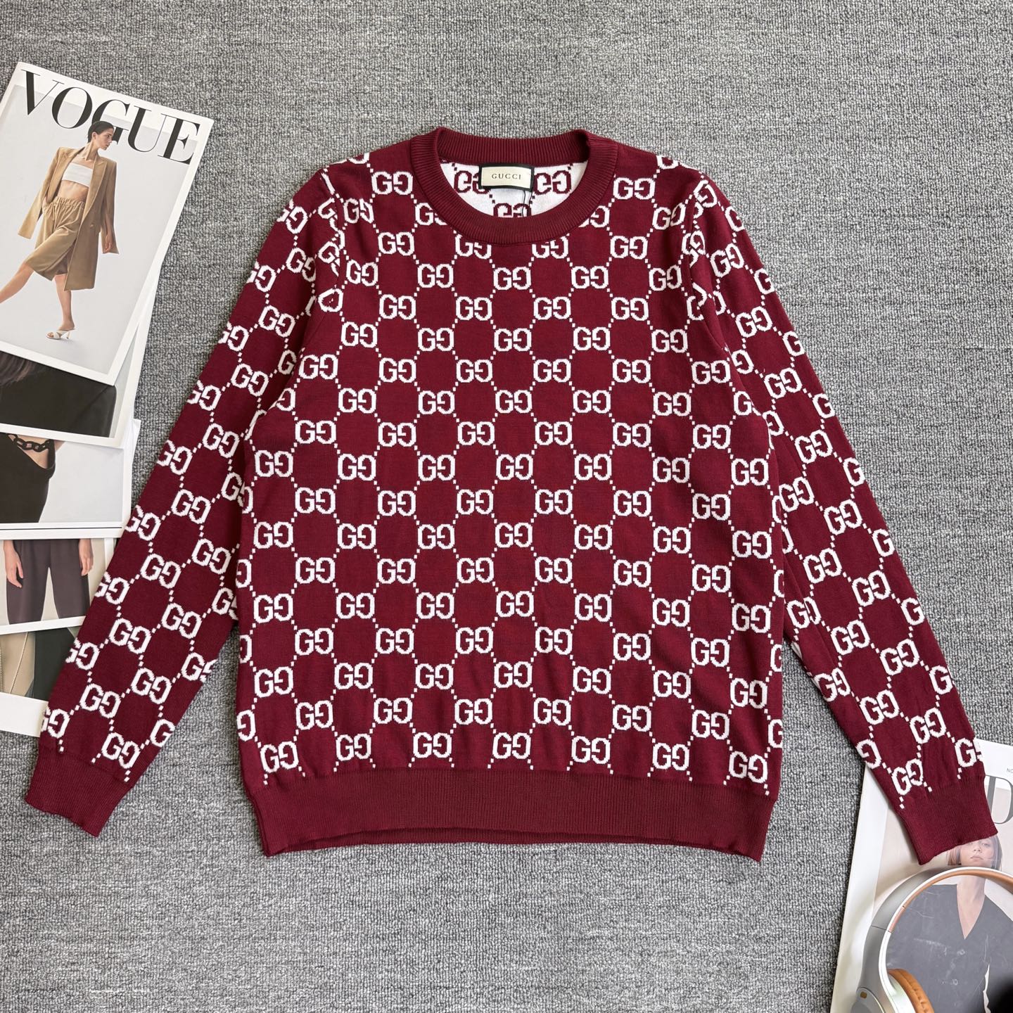 Burgundy Gucci long-sleeve sweater with allover GG diamond pattern and ribbed crew neck