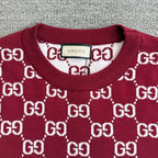 Gucci long-sleeve sweater neckline with burgundy ribbed crew collar and GG logo trim