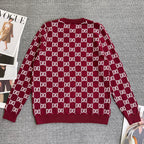 Burgundy long-sleeve Gucci sweater with GG diamond logo pattern and ribbed hem