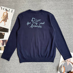Navy Dior cardigan sweater back with embroidered text "Dior for my real friends"