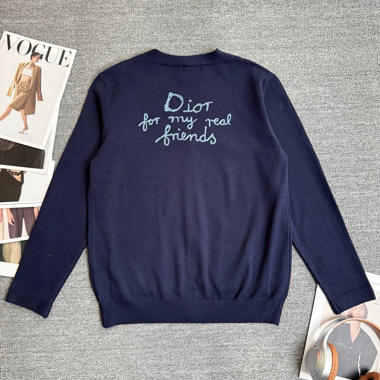 Navy Dior cardigan sweater back with embroidered text "Dior for my real friends"