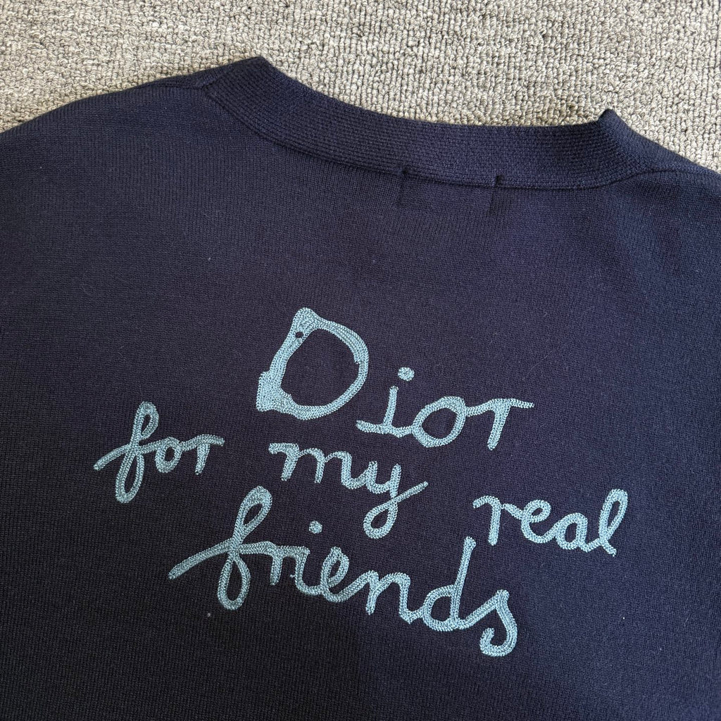 Navy Dior cardigan back with embroidered "Dior for my real friends" lettering