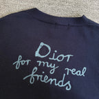 Navy Dior cardigan back with embroidered "Dior for my real friends" lettering