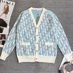 Long-sleeve knit cardigan with V-neck and button front, light blue and white patterned
