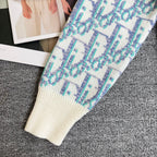 Long knit cardigan sleeve detail with ribbed cream cuff and light blue patterned knit