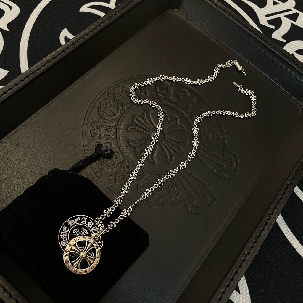Silver-tone layered pendant necklace set with round medallion and longer chain