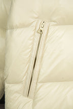 Cream puffer jacket with center front zipper and stitched trim