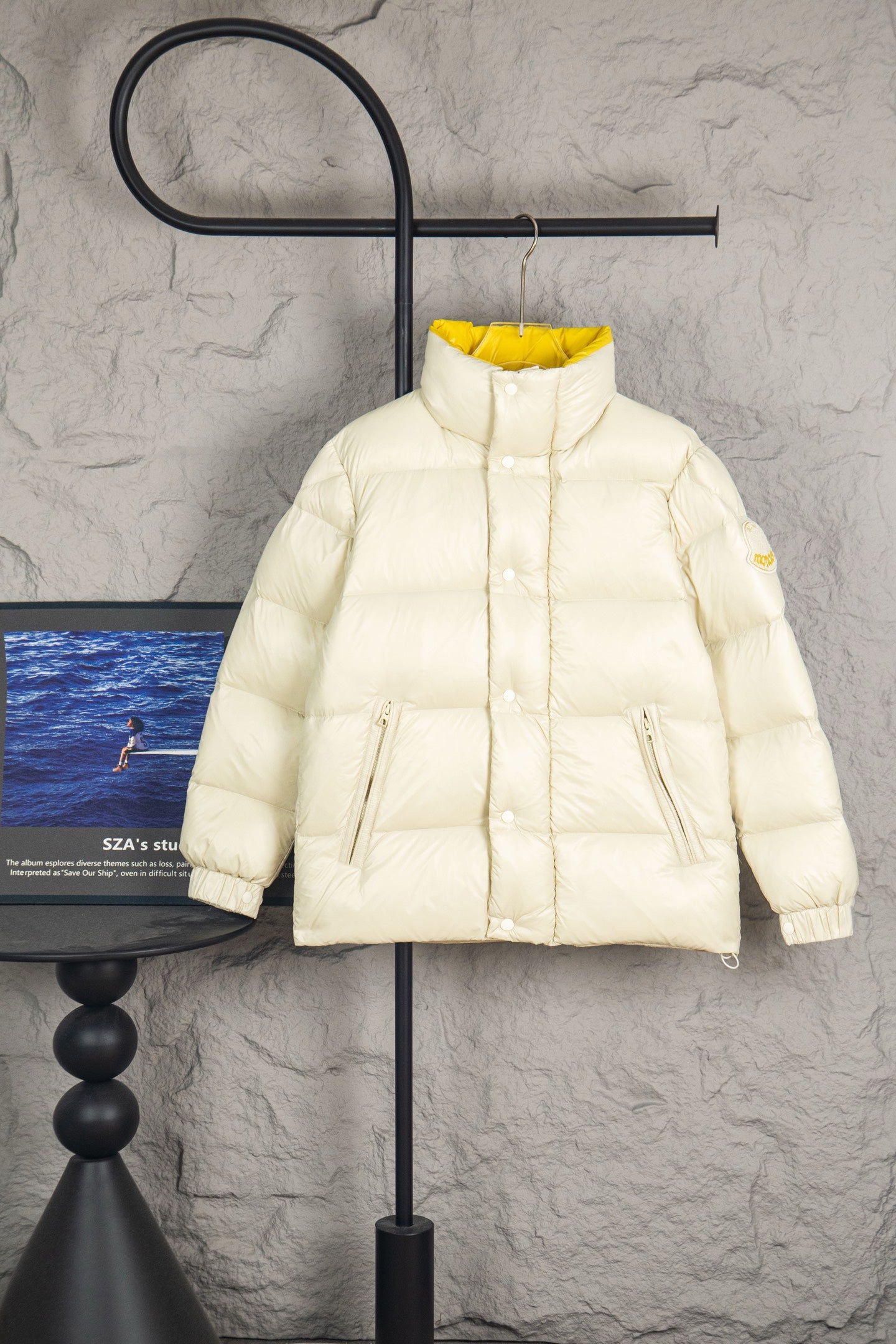 Moncler long puffer jacket, cream with yellow hood lining and front zip