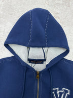 Louis Vuitton blue zip-up hoodie hood detail with light lining and gold zipper pull