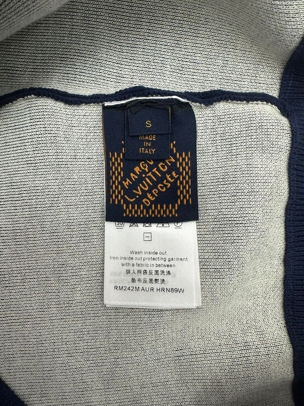 Louis Vuitton hoodie interior neck label with size and care details