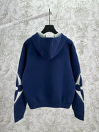 Louis Vuitton blue zip-up hoodie back view with hood and sleeve logo patches