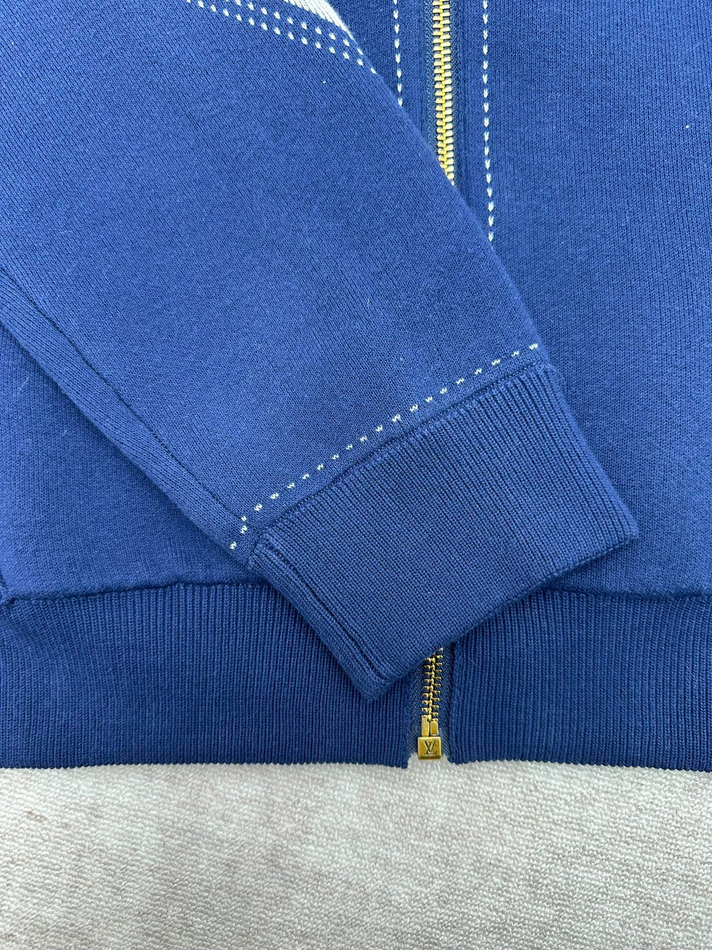 Louis Vuitton blue hoodie cuff with ribbed knit and gold center zipper