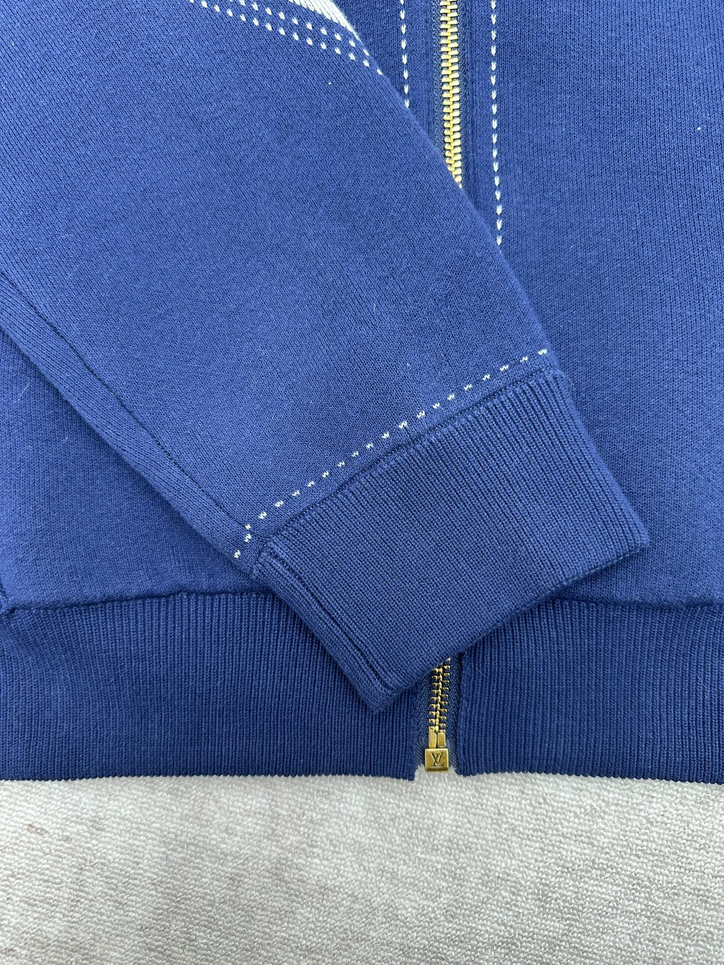 Louis Vuitton blue hoodie cuff with ribbed knit and gold center zipper